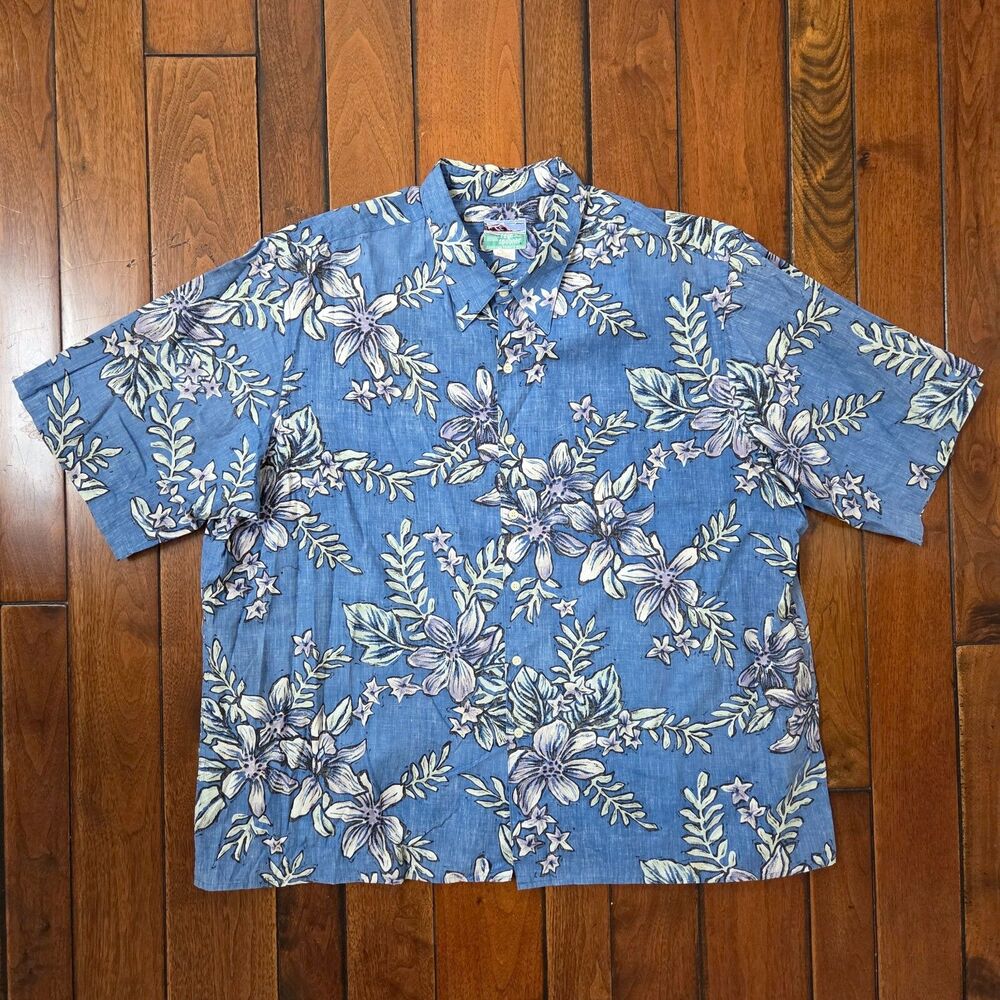 REYN SPOONER Shirt Men's 3XL Blue Abstract Floral Hawaiian Lily Full Cut